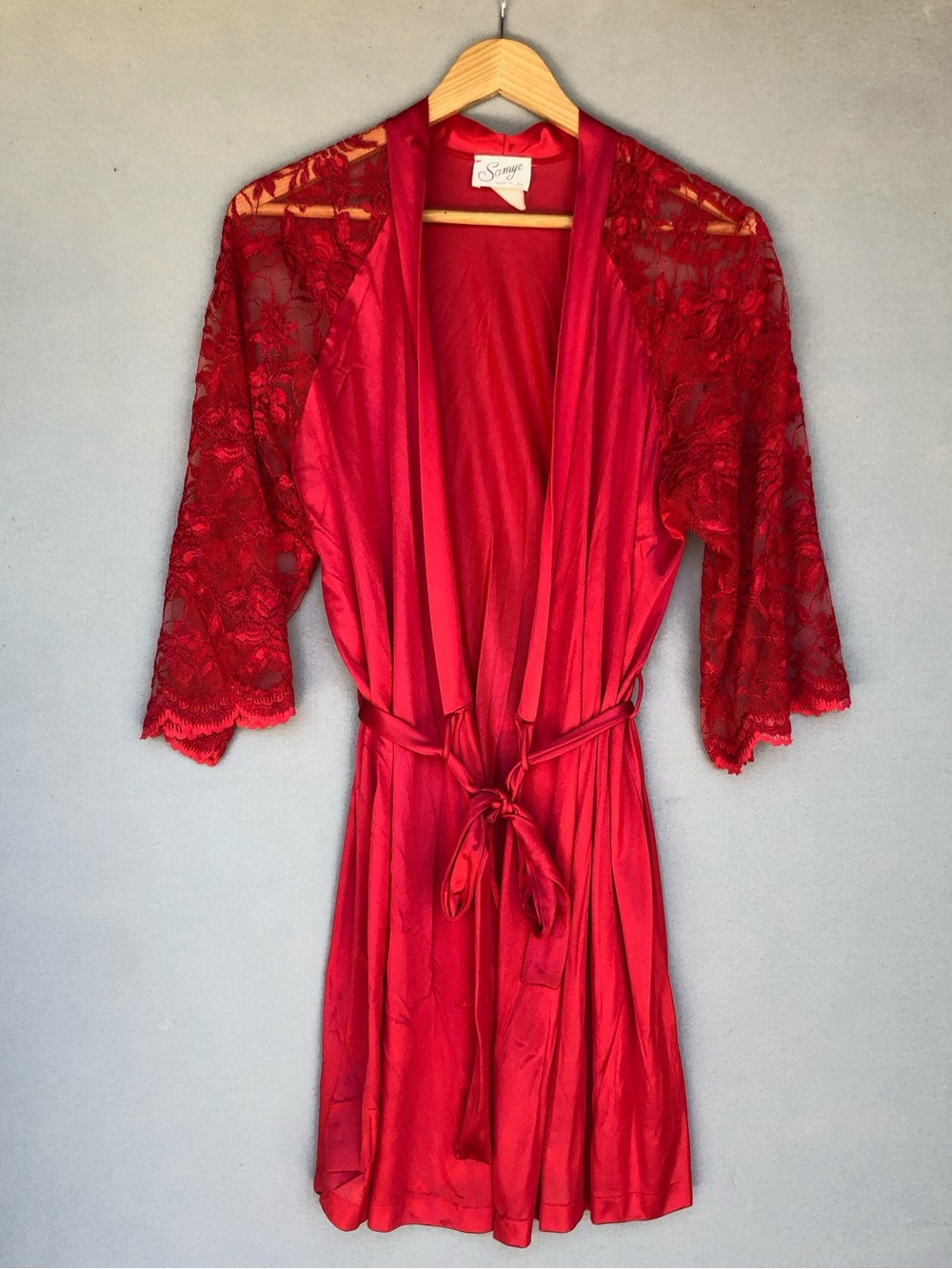 Vintage Samye Red Lace Sleeves Satin Robe Women's  Peignoir Boudoir Lingerie S/M